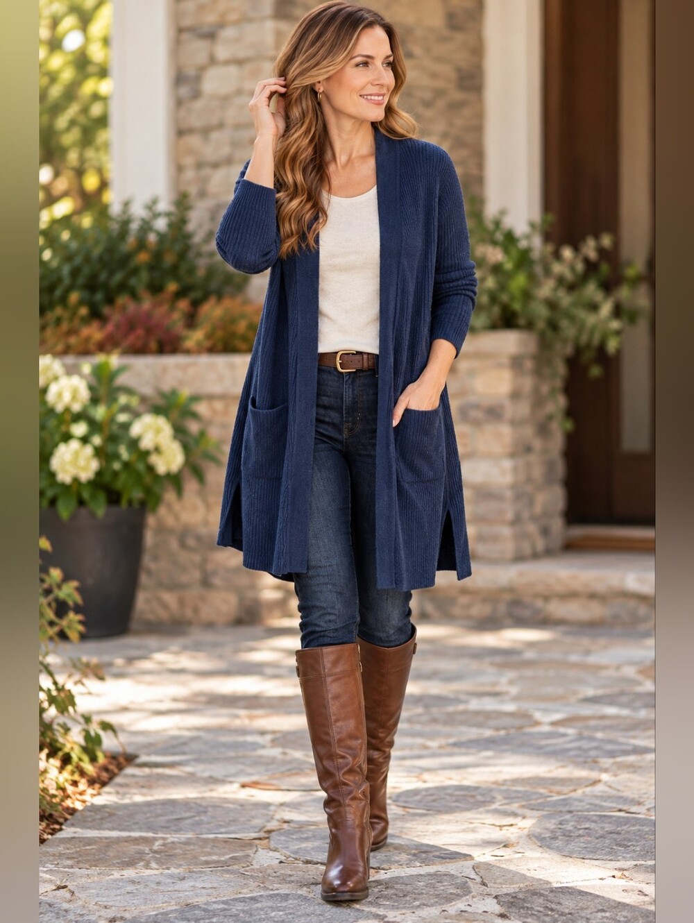 NWT J.Jill Navy Longline Ribbed Open Front Cardigan Sweater Pockets
